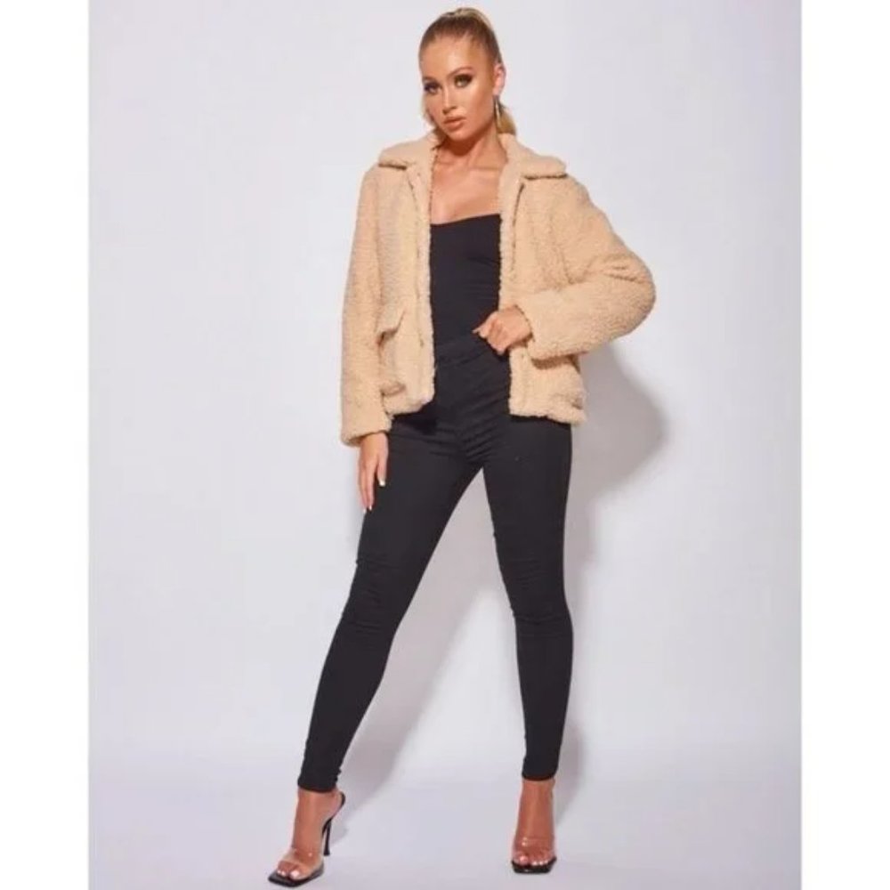 Camel Long Sleeve Collared Teddy Bear Fur Trucker Jacket - Picture 2 of 14